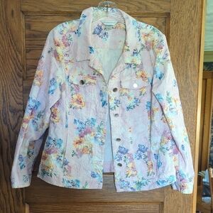 Christopher & Banks Vintage Floral Stitch Imprinted Button Down Denim Jacket P/L